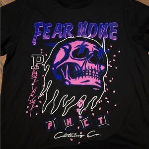 Fear None Graphic Skull Tee - Black with Pink & Blue Print